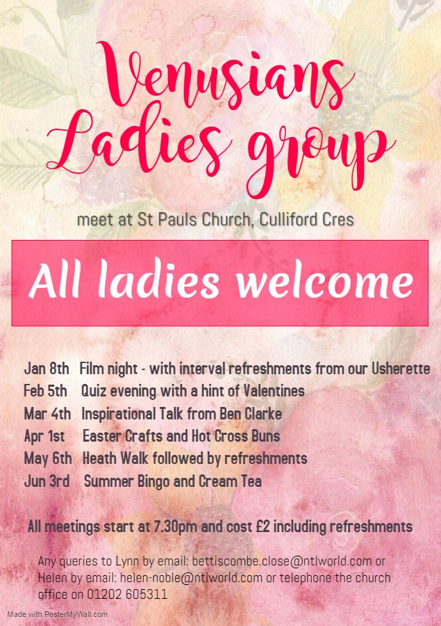 The Venusians ladies group March meeting is on the 4th March from 7.30pm at St Pauls Church and will be an inspirational talk from Ben Clarke! #CanfordHeath #ARCH