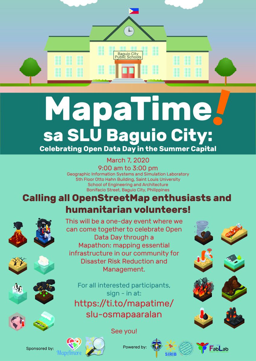 MapAmorePH's tweet photo. It's #MapaTime! sa @SLUph #Baguio !!
0n 7th March, the SLU School of Architecture and Engineering is hosting their first ever #mapathon for #OSMaPaaralan, to celebrate #OpenDataDay and invites @openstreetmap enthusiasts and civic-minded volunteers from Baguio
1/ https://t.co/nLlZwVJVBa