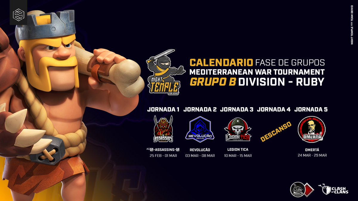 🔥 CALENDARIO - MWT 🔥

¡Conoce nuestro calendario! 😊

Esta semana dará comienzo nuestra participación en la Segunda Edición de la MWT enfrentandonos a @AG_ASSASSINS.

Mucha suerte a todos los clanes participantes 🔥💪🏽