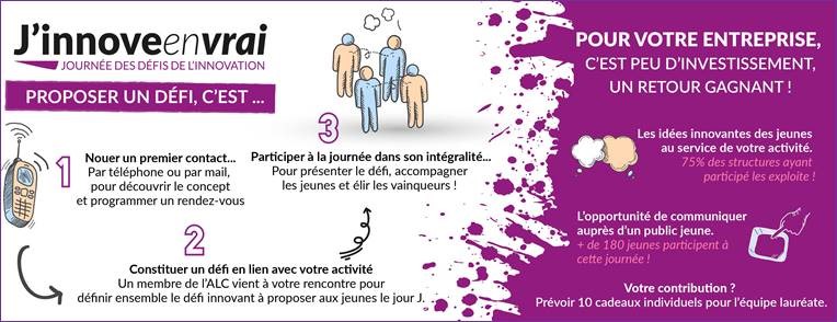 ALC (@les_challenges) on Twitter photo L’ALC recherche 2 entreprises souhaitant proposer un défi innovant, émanant de leur activité à un public d’élèves et étudiants, le 19 Mars prochain dans le cadre de l’évènement #Jinnoveenvrai .
Contactez-moi pour en savoir plus : claire.barse@leschallenges.com L’ALC recherche 2 entreprises souhaitant proposer un défi innovant, émanant de leur activité à un public d’élèves et étudiants, le 19 Mars prochain dans le cadre de l’évènement #Jinnoveenvrai .
Contactez-moi pour en savoir plus : claire.barse@leschallenges.com