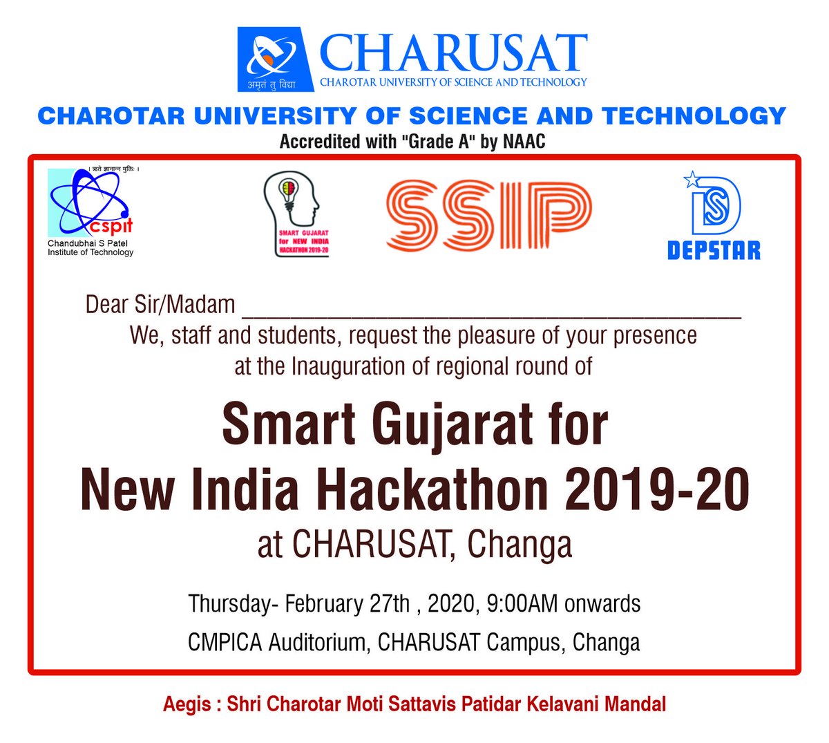 CHARUSAT TO HOST   “SMART GUJARAT HACKATHON”

 ON 27TH &amp; 28TH FEB.#AtCharusat

More than 1200 participating students
