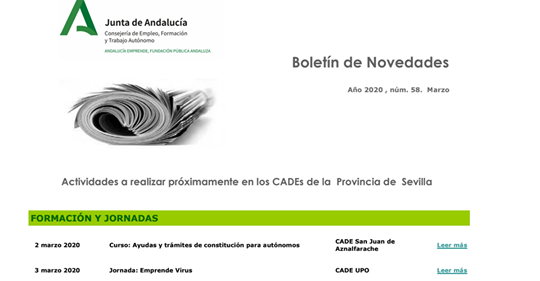 ¡Atención‼️ Consulta las actividades programadas para el mes de marzo por los #CADE´s de la Provincia de #Sevilla. Podrás acceder y descargarte el Boletín Nº 58 en el siguiente enlace 👉 bit.ly/397wwc4

<a href="/aemprende/">Andalucía Emprende</a> <a href="/EmpleoJunta/">Consejería de Empleo, Empresa y Trabajo Autónomo</a> <a href="/rosasiles/">Rosa Siles</a>