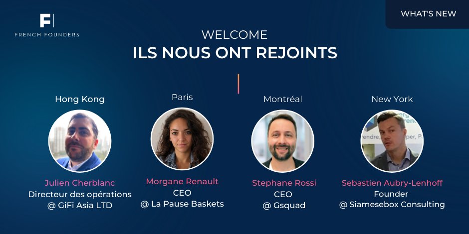 [🎉#WELCOME] Découvrez les nouveaux visages #FrenchFounders !

- Julien Cherblanc, GiFi Asia Ltd
- Morgane Renault, La Pause Baskets (<a href="/BasketsLa/">La Pause Baskets</a>)
- Stephane Rossi, @trygsquad
- Sebastien Aubry-Lenhoff, Siamesebox Consulting

🤝 Rejoignez-nous :  hubs.ly/H0n9C090
