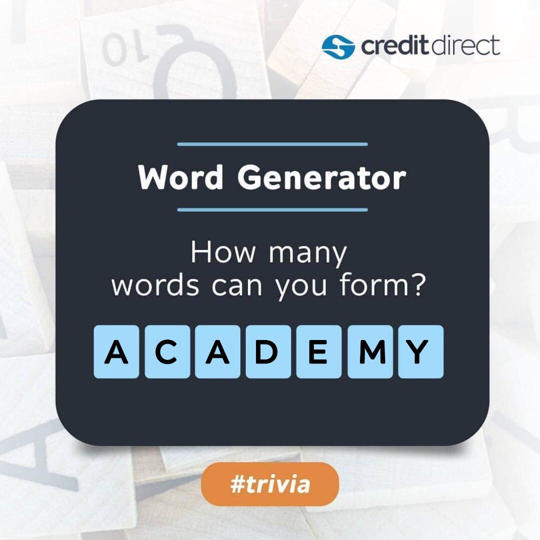 creditdirectltd's tweet photo. Let’s see who forms the highest number of correct words from “ACADEMY”
Retweet this post
TAG your friends
COMMENT with the hashtag #CDLtrivia https://t.co/ylIny8G1Ov