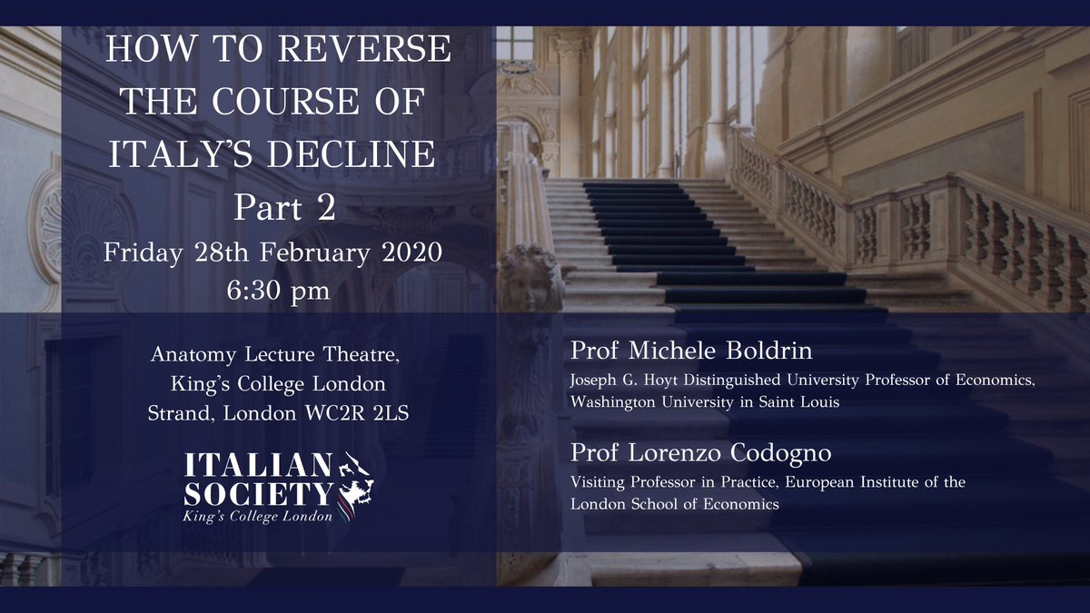 BacciSamuele's tweet photo. Venerdì alla @KCL_Italian_Soc avremo il grande piacere di ospitare @micheleboldrin e @lorenzocodogno per un'interessante chiacchierata sullo stato dell'economia italiana.
Biglietti disponibili qui: https://t.co/QeDFXj2CEG https://t.co/eXrGTNp0Dw