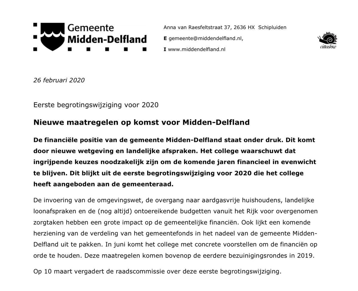 De financiële positie van de gemeente #Midden_Delfland staat onder druk. Dat komt vooral door nieuwe wetgeving en landelijke afspraken. Na de bezuinigingsrondes in 2019 zijn verdere maatregelen noodzakelijk. In juni zal de gemeenteraad daarover moeten besluiten.