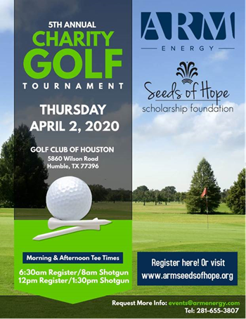 ARM_Energy's tweet photo. Join ARM Energy at its 5th annual charity golf tournament in support of the Seeds of Hope Foundation, a non-profit committed to empowering youth through education! All proceeds will go toward a college scholarship fund for graduates of River Pines and Lakeland Elementary schools. https://t.co/aKC6Qn7YbD