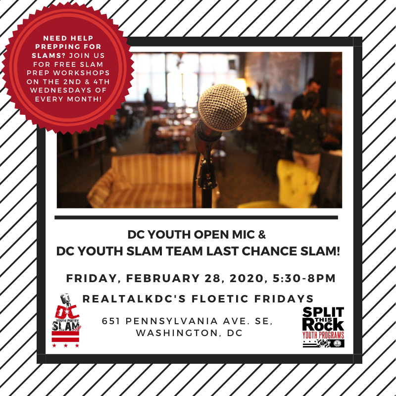 DCyouthSlam's tweet image. Want to be a member of the DC Youth Slam Team? The FINAL 2020 DCYST Qualifying Slam will take place on Fri. Feb. 28, 5:30-8 pm at RealTalkDC’s Floetic Fridays (651 Pennsylvania Ave. SE, Washington DC). More details: bit.ly/2woS3ya 

#DCopenmic #DCpoetry #DCslampoets
