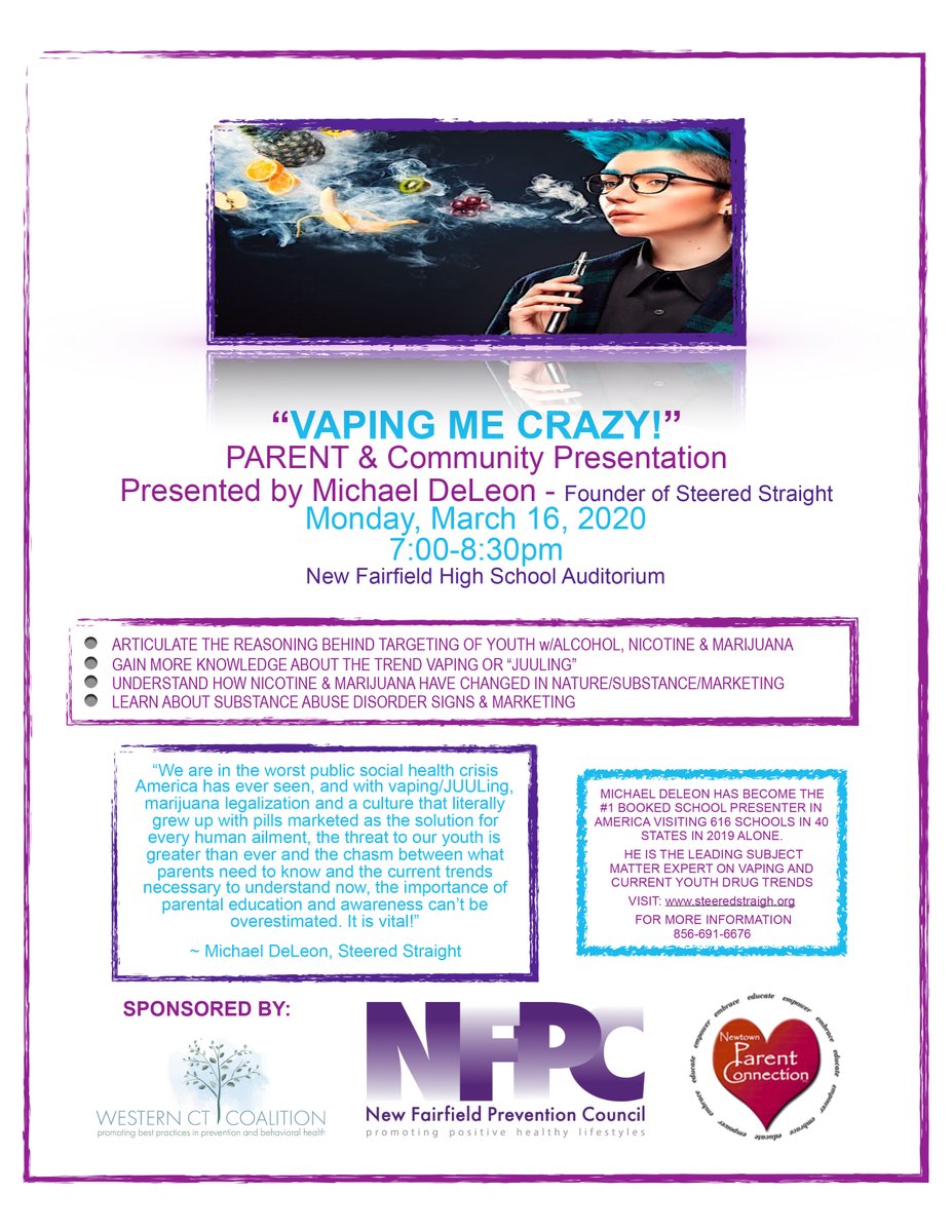 NFPC, along with <a href="/Newtown/">Znati</a> Parent Connection, Inc. will sponsor speaker Michael DeLeon at NFHS on Monday, March 16th with his talk "Vaping Me Crazy" 
Parents &amp; community welcome. Stay informed and keep our kids safe!!! #nfprevents #nftalks #nfrebelstrong #noonestrugglesalone 💜☮️