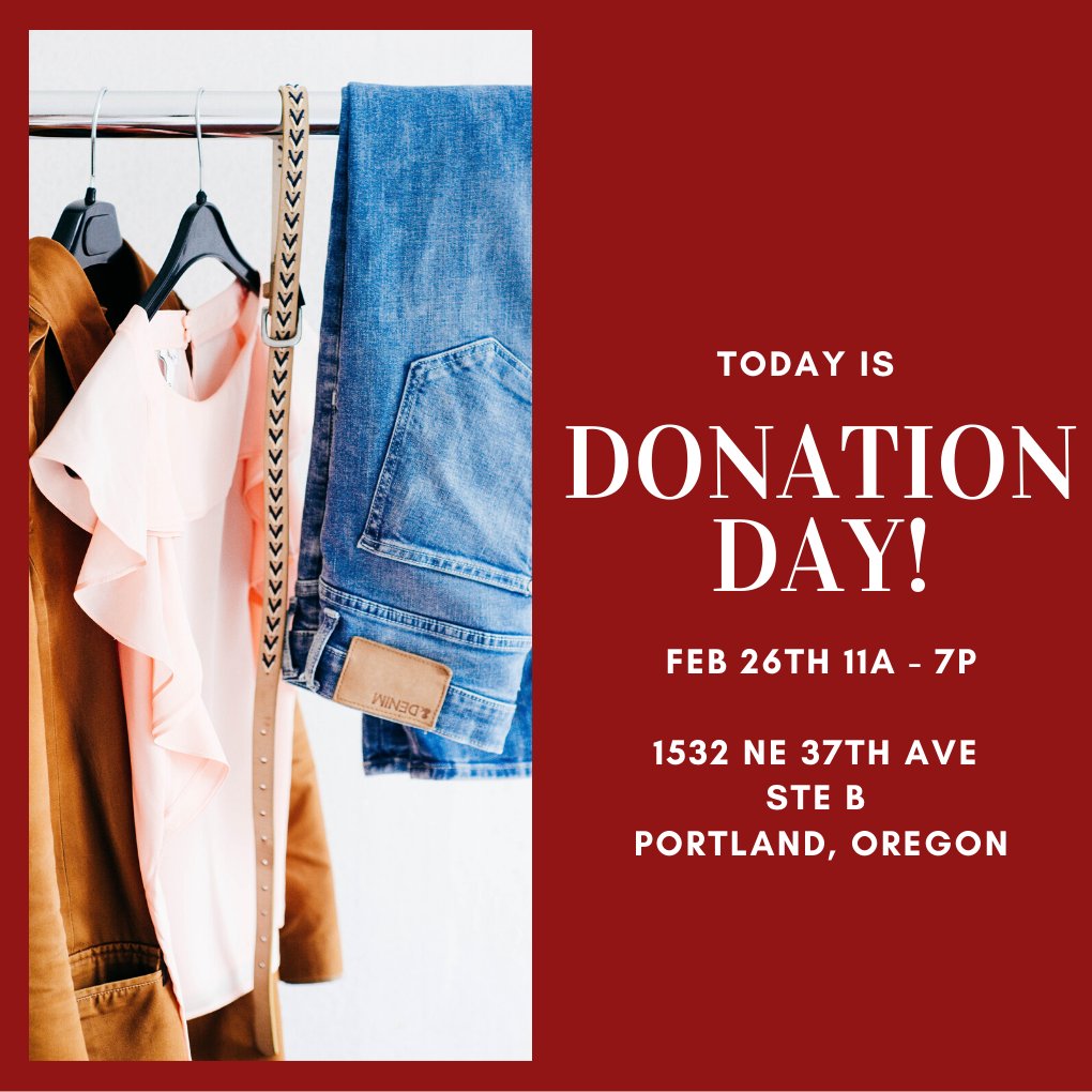 DFSOregon's tweet photo. Today is donation day! Bring your new and lightly used clothing anytime from 11am - 7pm. Can't make it, but still want to contribute? Click here to make a monerary 💵 donation: https://t.co/nOqEQ6RoVS #DonationDay #DFSOregon #Donate https://t.co/WhTDx7efxD