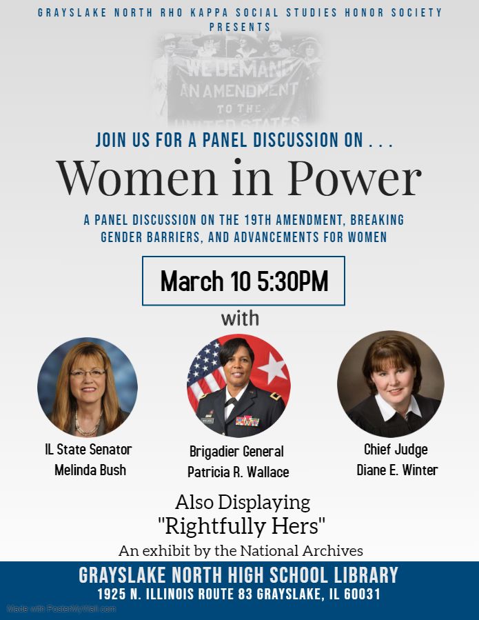 Please join us for a panel discussion on "Women in Power".  March 10th at 5:30PM in the Library! 
#d127getsreal #WomensHistoryMonth