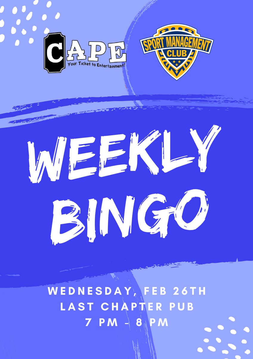 Tonight’s weekly bingo is co-sponsored by the Sport Management Club! We have some awesome sports themed prizes to give away tonight!