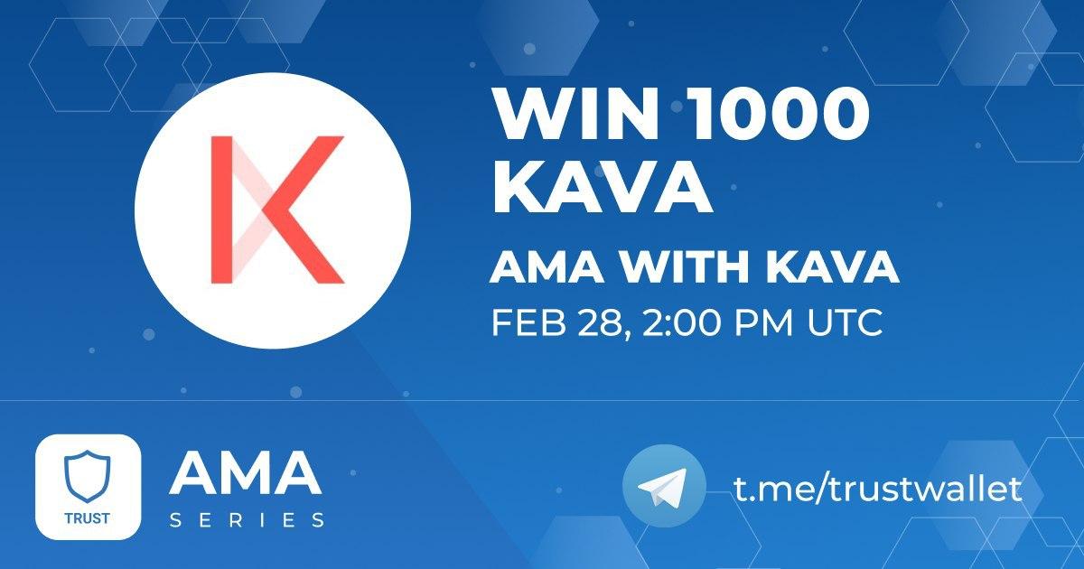 TrustWallet's tweet photo. Join us on Feb 28th at 2:00 PM UTC for an AMA with @kava_labs!

For a chance to win 1 of 10 prizes worth 50 $KAVA:

☑️Follow @TrustWalletApp &amp; @kava_labs 
☑️Retweet this post

Get involved in the AMA and you might win even more #KAVA!

 Join us here: https://t.co/QNYJDBxuSO 🛡️ https://t.co/k24oUZvnzB