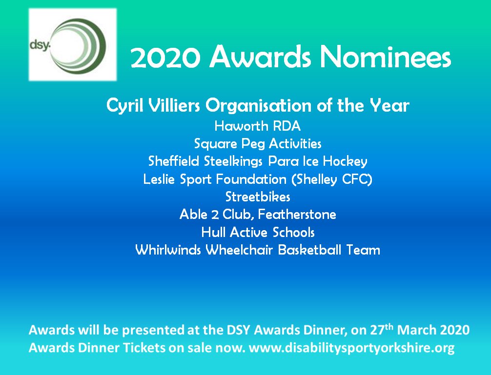 DisabilitySportYorks (@dissportyorks) on Twitter photo Organisation #nominees #dsyawards Get tickets >> disabilitysportyorkshire.org/save-the-date-β¦ #achievement <a href="/HaworthRDA1/">Haworth RDA</a> @RDA <a href="/PegsActivity/">Square Pegs Activity</a> @SteelkingsSH @streetbikescic <a href="/wakefieldable2/">Wakefield able2</a> <a href="/HullActiveSch/">Hull Active Schools CIC</a> <a href="/WakefieldWWBC/">Wakefield Whirlwinds</a> <a href="/Shelley_FC/">Shelley Community FC</a> Organisation #nominees #dsyawards Get tickets >> disabilitysportyorkshire.org/save-the-date-β¦ #achievement <a href="/HaworthRDA1/">Haworth RDA</a> @RDA <a href="/PegsActivity/">Square Pegs Activity</a> @SteelkingsSH @streetbikescic <a href="/wakefieldable2/">Wakefield able2</a> <a href="/HullActiveSch/">Hull Active Schools CIC</a> <a href="/WakefieldWWBC/">Wakefield Whirlwinds</a> <a href="/Shelley_FC/">Shelley Community FC</a>