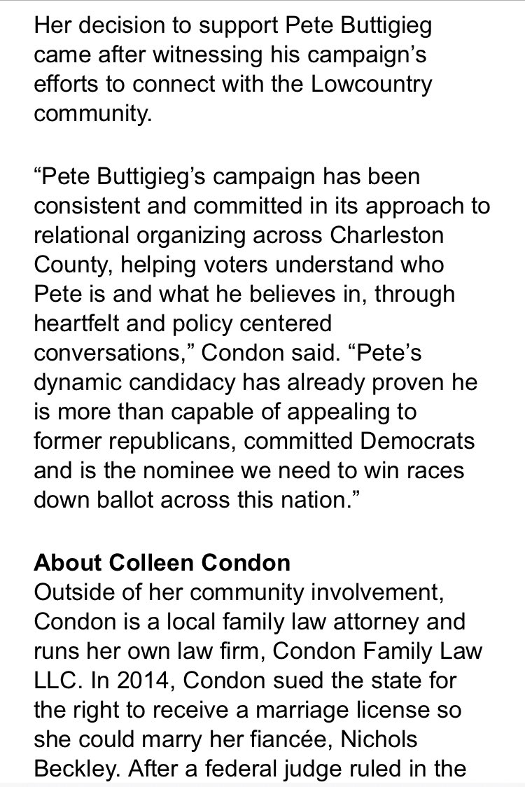 PriscillaWT's tweet photo. INBOX: Pete Buttigieg lands the endorsement of Charleston Dem Party Chair Colleen Condon. Condon writes, “He is more than capable of appealing to former republicans, committed Democrats and is the nominee we need to win races down ballot across this nation.” https://t.co/3Nj2fuzdY4