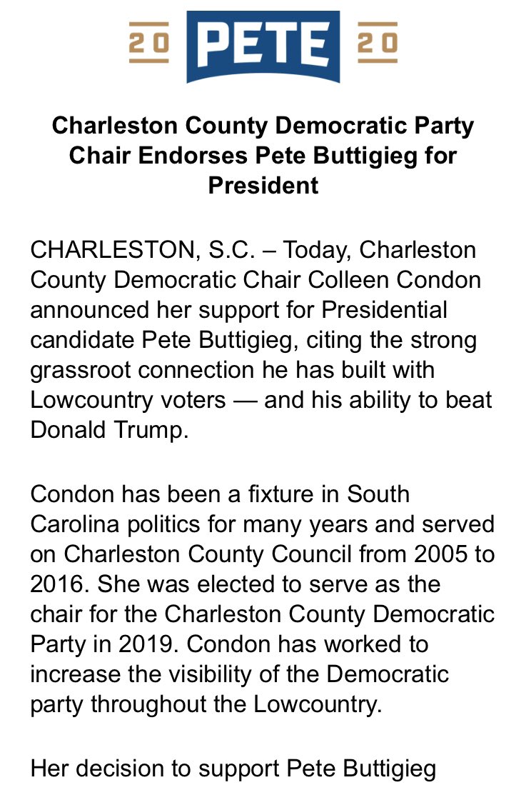 PriscillaWT's tweet photo. INBOX: Pete Buttigieg lands the endorsement of Charleston Dem Party Chair Colleen Condon. Condon writes, “He is more than capable of appealing to former republicans, committed Democrats and is the nominee we need to win races down ballot across this nation.” https://t.co/3Nj2fuzdY4