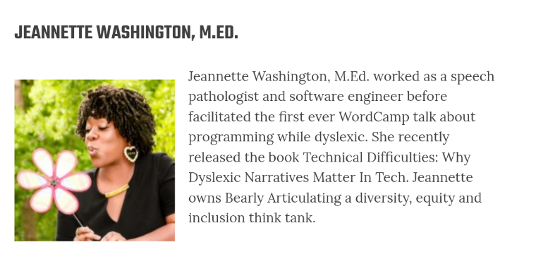 I'm excited 🎉🎉 to be presenting my research on dyslexia + tech during <a href="/wordcampdc/">WordCamp DC</a> #wordcampdc