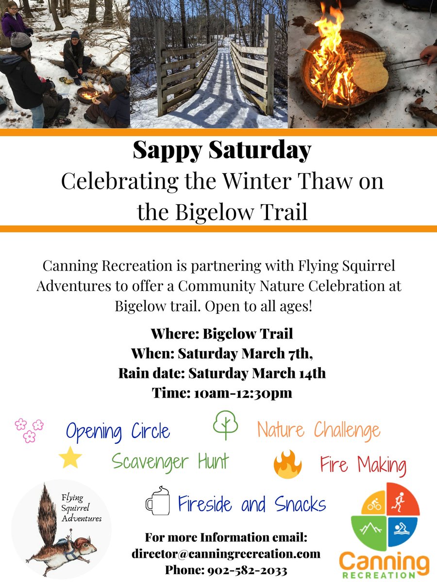 CanningRec's tweet photo. Join us and Flying Squirrel Adventures for a Community Nature Celebration on Bigelow Trail March 7th from 10am-12:30pm. Fun for the whole family! Opening circle, nature challenge, scavenger hunt, fire making, fireside snacks and more! https://t.co/sPX2WqOi4J