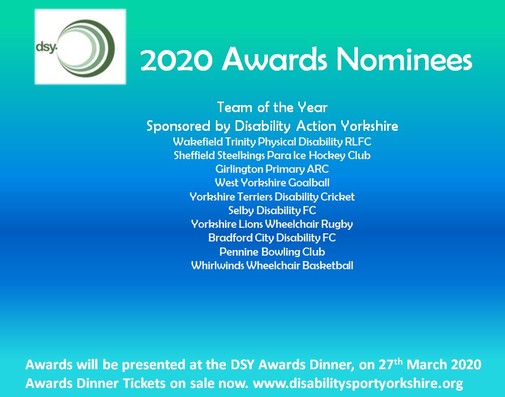 DisabilitySportYorks (@dissportyorks) on Twitter photo Team of the year #nominees #dsyawards disabilitysportyorkshire.org/save-the-date-β¦ <a href="/WTComFoundation/">Wakefield Trinity Community Foundation</a> @SteelkingsSH <a href="/WYGoalball/">WYGoalball</a> @YCB <a href="/LionsYorkshire/">YorkshireLions</a> <a href="/bcafcdisability/">Bradford City Disability FC</a> <a href="/WakefieldWWBC/">Wakefield Whirlwinds</a> Team of the year #nominees #dsyawards disabilitysportyorkshire.org/save-the-date-β¦ <a href="/WTComFoundation/">Wakefield Trinity Community Foundation</a> @SteelkingsSH <a href="/WYGoalball/">WYGoalball</a> @YCB <a href="/LionsYorkshire/">YorkshireLions</a> <a href="/bcafcdisability/">Bradford City Disability FC</a> <a href="/WakefieldWWBC/">Wakefield Whirlwinds</a>