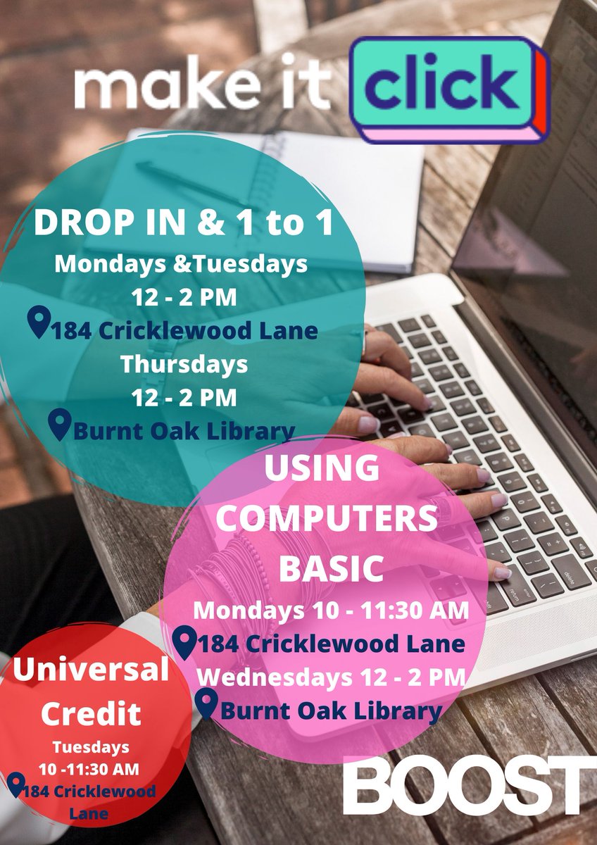 BoostBarnet's tweet image. Have you heard of Make It Click? We are here to help you with everything digital until it clicks!1 to 1 sessions, Using Computers Basic, help you with your Universal Credit claim online. Click the picture. #makeitclick #BoostBarnet #digitaltraining @goodthingsfdn  @makeitclickHQ