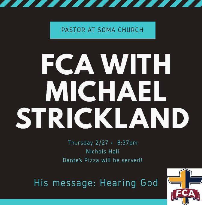 LRFCA's tweet image. Tomorrow night!!! FCA is back with the Pastor from SOMA church Michael Strickland bringing us a word on hearing God! It’s going to be an awesome message with Dante’s pizza! See you in the new sports performance center at 8:37pm!