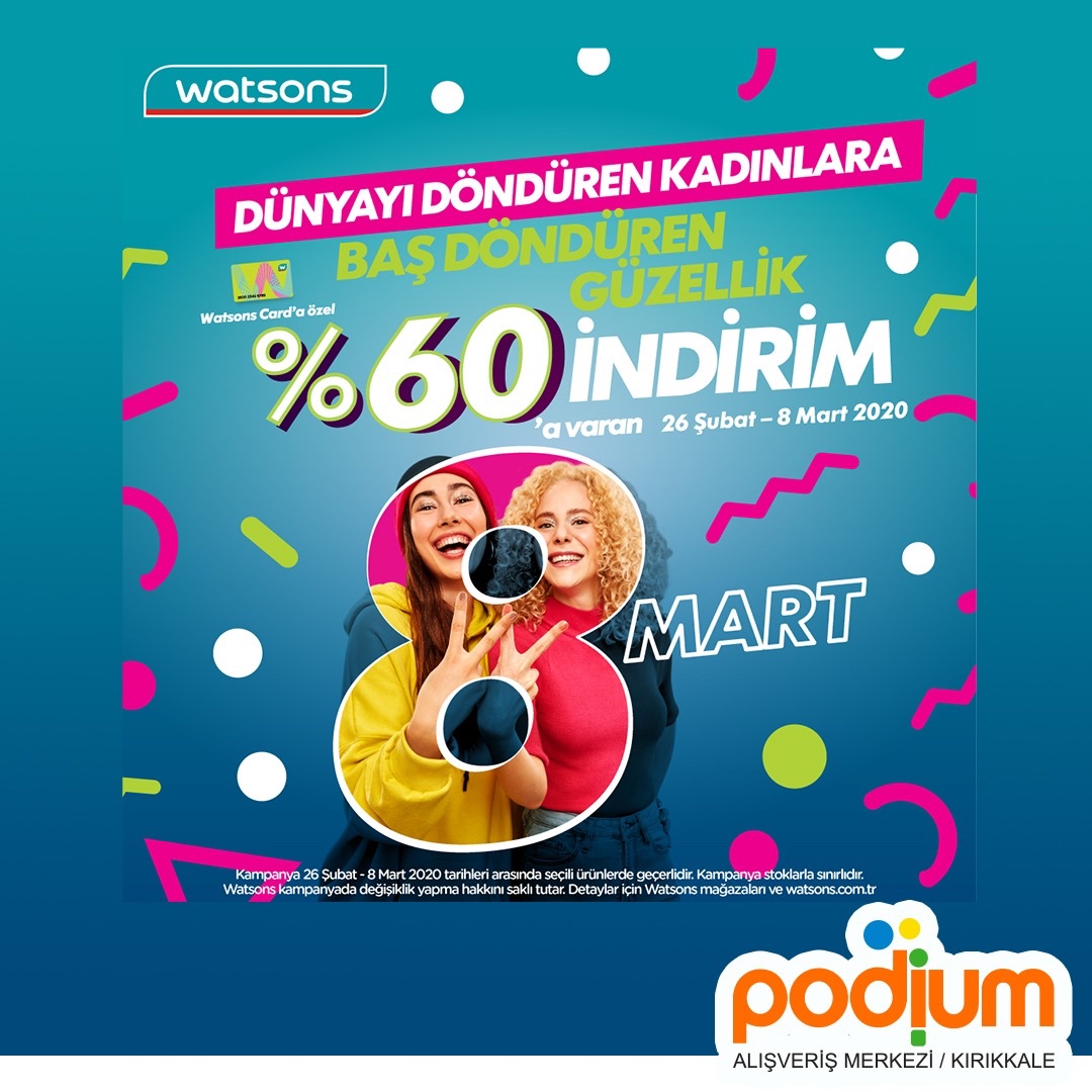 Watsons'tan dünyayı döndüren kadınlara baş döndürücü güzellik! 💗 Makyaj, cilt bakım, saç bakım ve kişisel bakım ürünlerinde Watsons Card'a özel %60'a varan indirim fırsatları için Kırıkkale Podium Avm Watsons mağazasını ziyaret etmeyi unutmayın. 😍