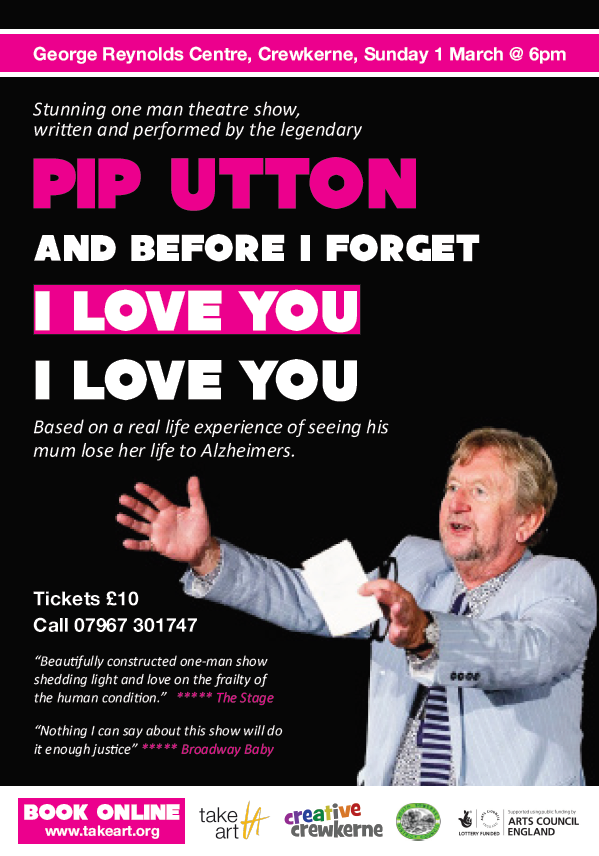 C_Crewkerne's tweet photo. Tickets available for our next show, this Sunday 1st March in collaboration with 
@TakeArt and performed in @grccrewkerne.  

@PipUtton
 AND BEFORE I FORGET I LOVE YOU I LOVE YOU

Don't miss out!!

#crewkerne #theatre #piputton https://t.co/5nXAyXQMjy
