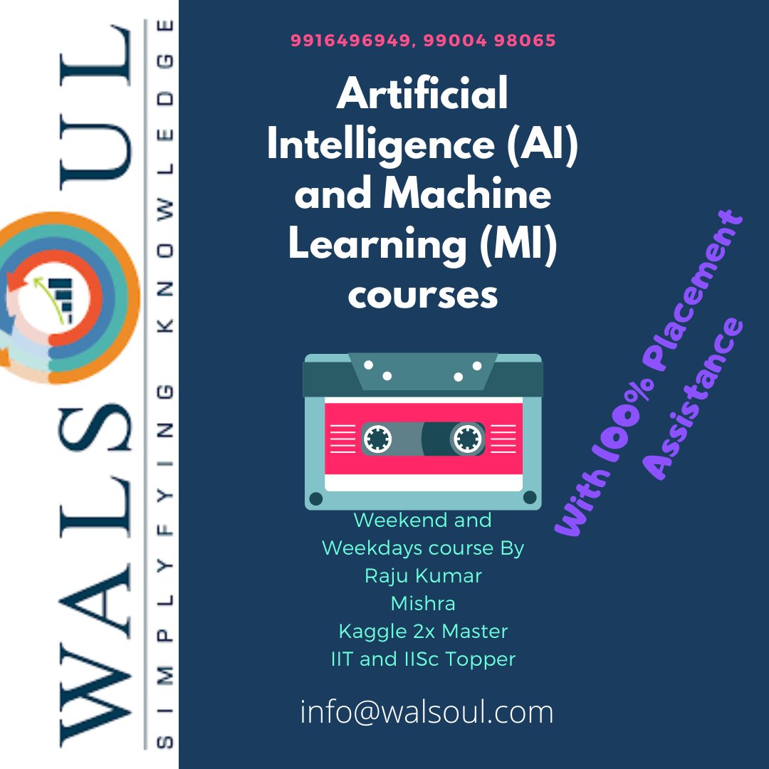 Walsoul2's tweet photo. Walsoul Training Institute.
Learn Artificial Intelligence (Ai) and Machine Learning (Mi) by Raju Kumar Mishara.
#datascience #ai #bangalore #pythoncourses #pythoncoursesnearme #pythonprogrammingcourse #pythontrainingnearme
#bestpythontraininginbangalore #aiandmlcoursesnearme https://t.co/VsA0HbTdW0