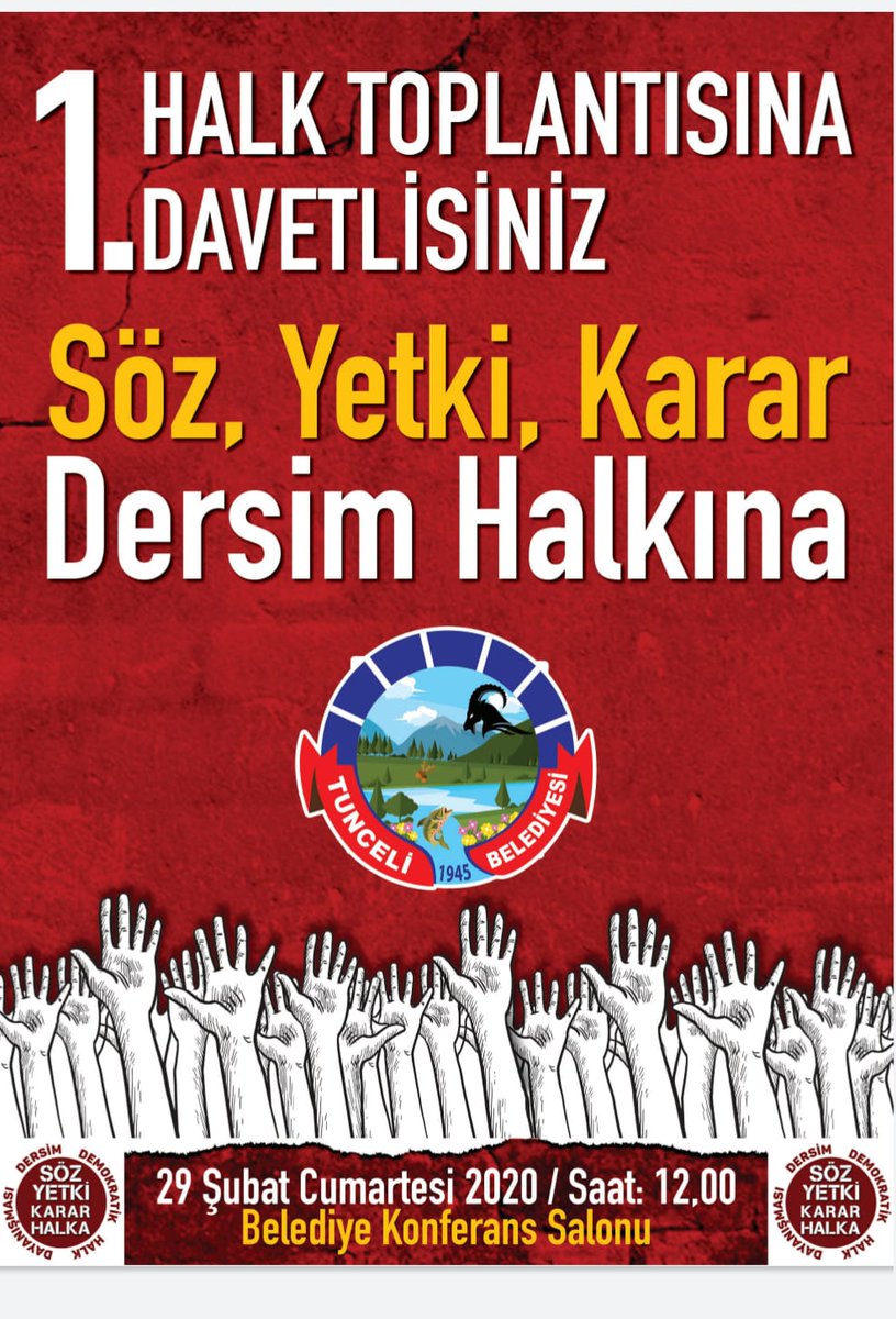 TunceliMunicip's tweet photo. First citizens meeting is to be held in the Municipal Conference Hall on 29th of February, at noon. Let’s talk together on the kind of city we would like to live in and bring together our will. Let's give the right to say and power to decide to the People of Dersim! #Municipalism https://t.co/3RPTR0PLfD