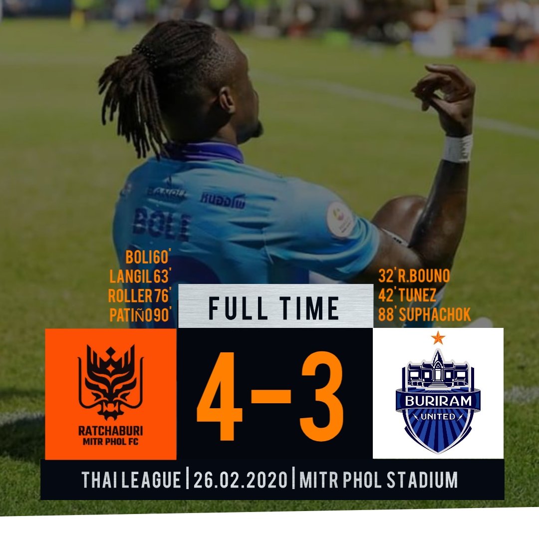 TheDragonianFC's tweet photo. Full time : Ratchaburi back from hell.

RBMFC 4-3 Buriram Utd
[0-1] R.Bueno 32'
[0-2] Tunez 42'
[1-2] Boli 60'
[2-2] Langil 63'
[3-2] Philip 76'
[3-3] Suphachok 88'
[4-3] Patiño 90+
#TTL2020 #RBMFCvBRUTD #RatchaburiDay https://t.co/jtD7vJsfPm