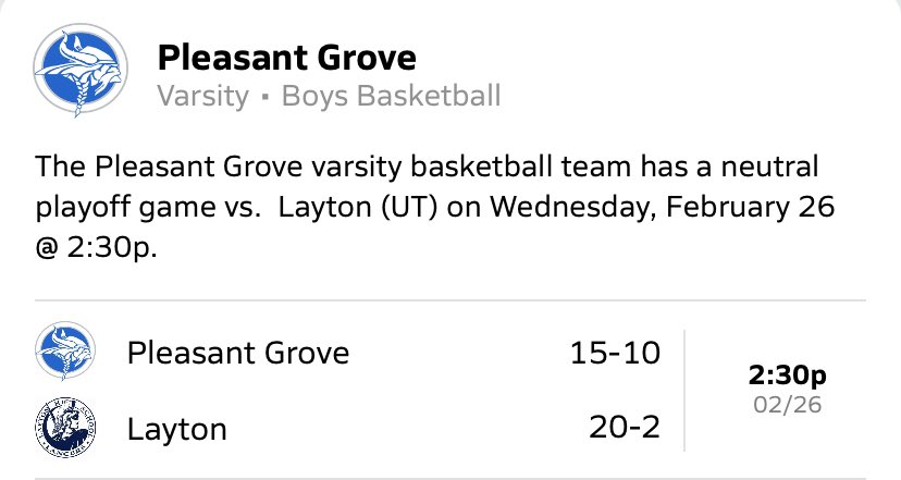 🏀GAME DAY🏀
🔥STATE TOURNAMENT🔥

🆚| Layton Lancers
📶| 20-2
📈| #3 RPI <a href="/UHSAAinfo/">UHSAA</a> 
🏆| Quarterfinals 
📍| <a href="/UUtah/">University of Utah</a> 
⏰| 2:30 PM
📺| live.ksl.com

🏀🏀🏀
#PGVikings #PGHoops
