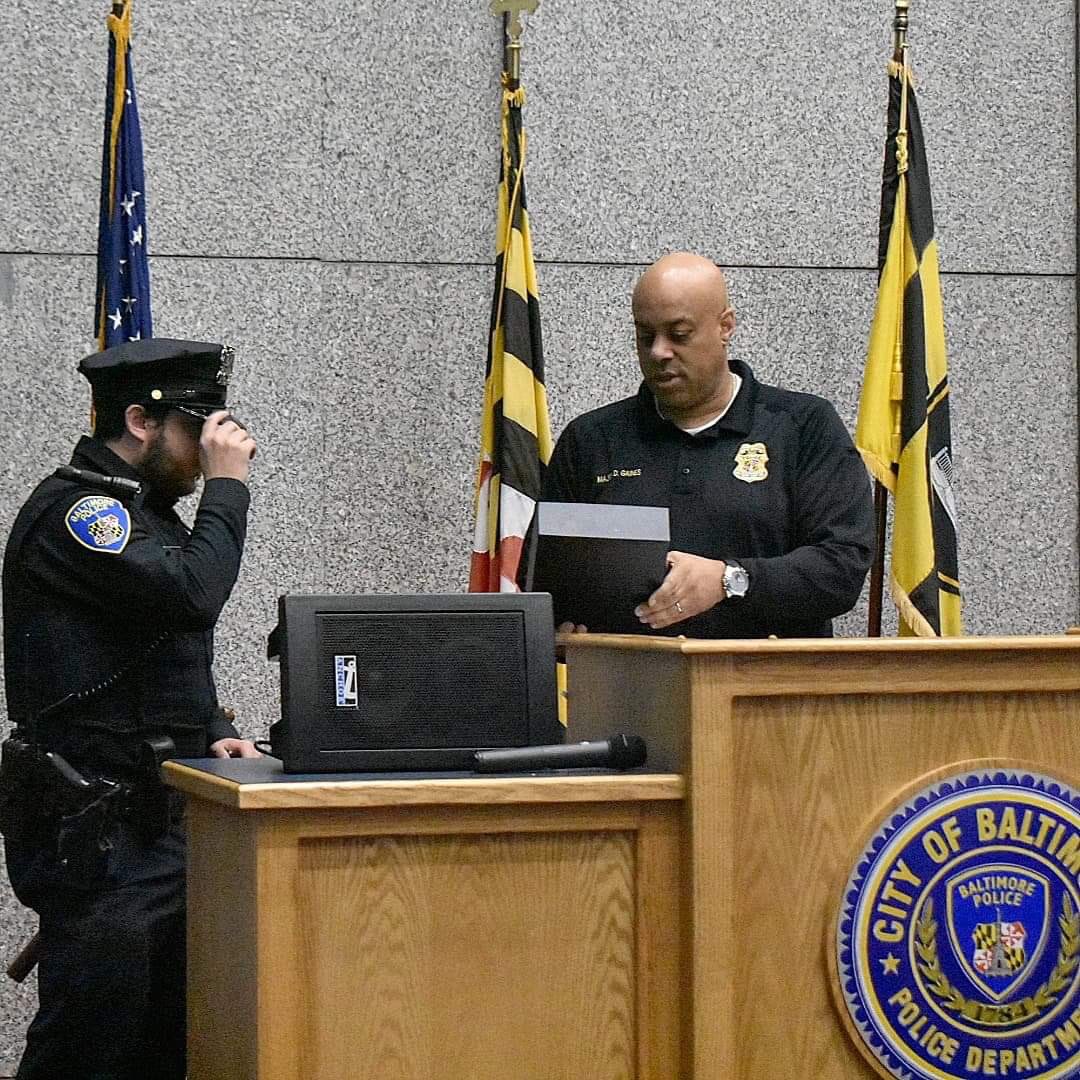 BaltimorePolice's tweet photo. On February 25, 2020, Major Gaines presented Central District Officer DeJesus and Jones with the Life Saving award and Officer Gross with the Officer of the Month award.

These officers constantly go above and beyond the call of duty to keep the citizens of Baltimore safe. https://t.co/tkXVgFZ539