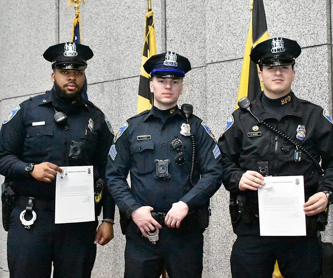 BaltimorePolice's tweet photo. On February 25, 2020, Major Gaines presented Central District Officer DeJesus and Jones with the Life Saving award and Officer Gross with the Officer of the Month award.

These officers constantly go above and beyond the call of duty to keep the citizens of Baltimore safe. https://t.co/tkXVgFZ539