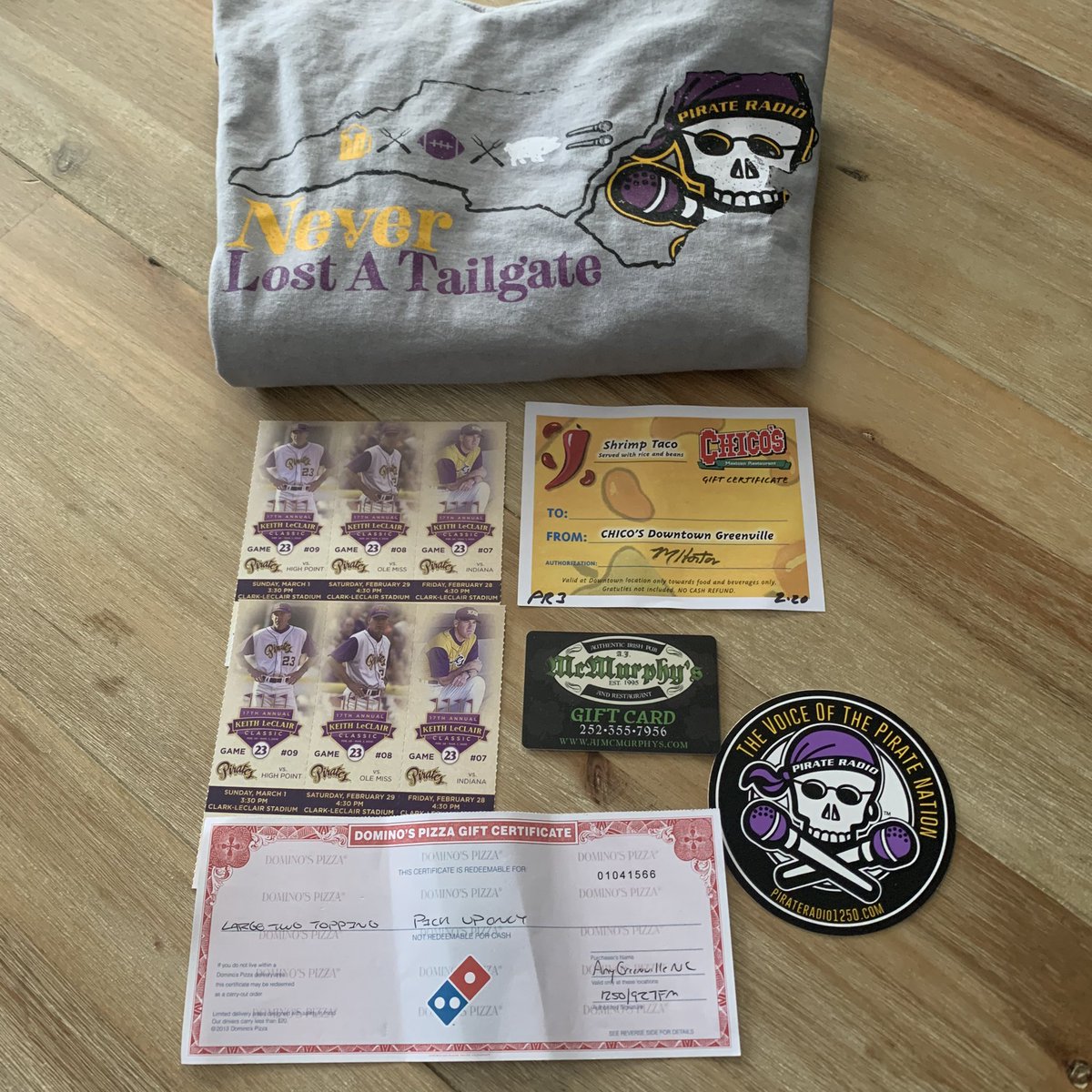 PR927FM's tweet image. GIVEAWAY ALERT &amp;gt;&amp;gt;&amp;gt; RT &amp;amp; FOLLOW for a chance to win a pair of tickets the the @ECUBaseball Keith LeClair Classic this weekend and these awesome prizes! #Stations4Winners #WinItWednesday #TheVoiceofthePirateNation