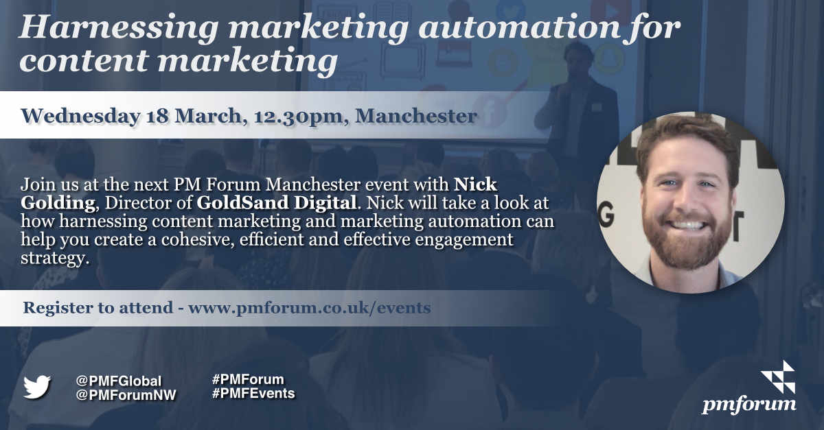 PMForumNW's tweet photo. Join us at the next @PMFGlobal Manchester event with @NickJGolding of @GoldSandDigital 

Wednesday 18 March 2020 hosted by @Freshfields 

Register to attend - https://t.co/f1jomaQI7R

#PMForum #PMFEvents #MarketingAutomation #ContentMarketing https://t.co/uQLZFm5FWW