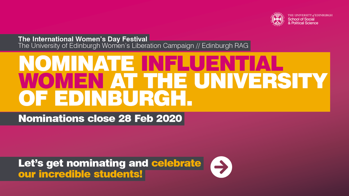 EUSA's Women's Liberation Committee is looking for women achieving fantastic things in any field, whether it be academia, activism, enterprise, sports, societies or something else entirely.

Nomination deadline 28 Feb 2020.

More info:
edin.ac/3bSpKbB

<a href="/EdUniStudents/">Edinburgh University Students' Association</a>