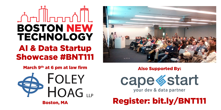 BostonNewTech's tweet image. Join @BostonNewTech #BNT111 #AI &amp;amp; #Data #Startup Showcase 3/9 at #LawFirm @FoleyHoag w/ #startups:
@Tamr_Inc @BeagleLearning @Toucan_Toco #GenesisAI #FogMachine
#Boston #Founders, sign up for free to present your tech product!
bit.ly/BNT111
#MA