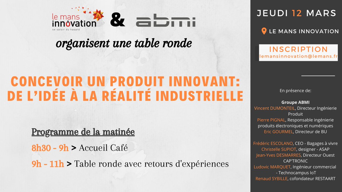 #SavetheDate Le 12 mars, retrouvez-nous avec <a href="/Captronic_/">CAP'TRONIC</a> au Mans pour "Concevoir un produit innovant : de l'idée à la réalité industrielle", la table ronde #IoT #Design #Digital de <a href="/LeMansInnov/">Le Mans Innovation</a> et <a href="/ABMI_fr/">ABMI</a>