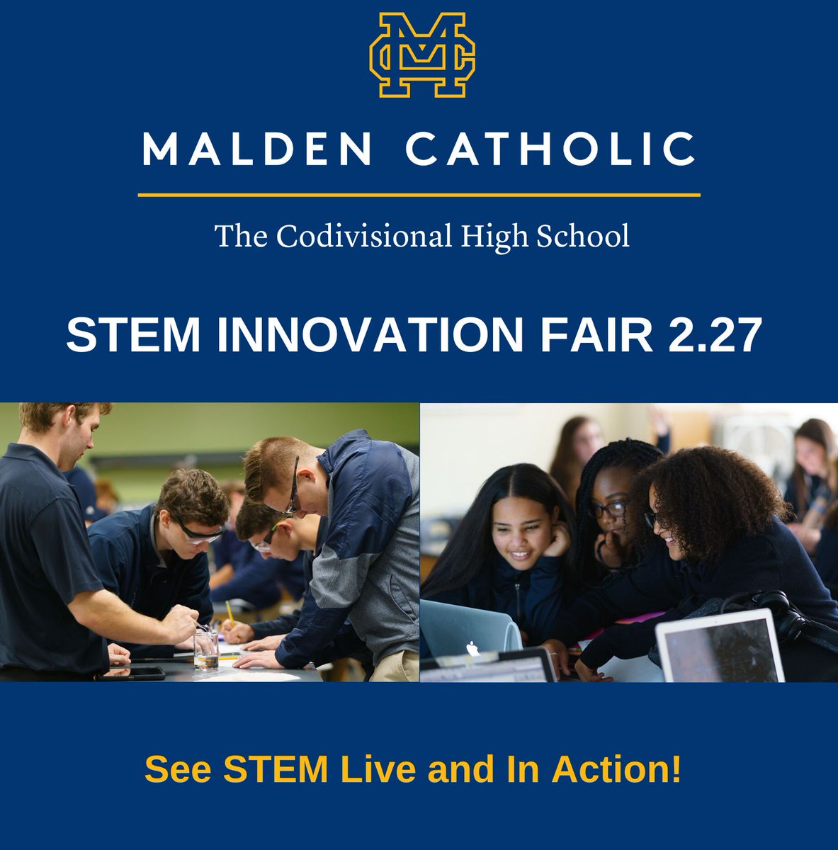 MaldenCatholic's tweet photo. Come see MC's STEM Innovation Fair this Thursday, February 27 from 5:30 - 6:30 PM in the cafeteria for amazing STEM independent research projects. #WeAreMC #maldencatholic https://t.co/9IIHw5oJpg