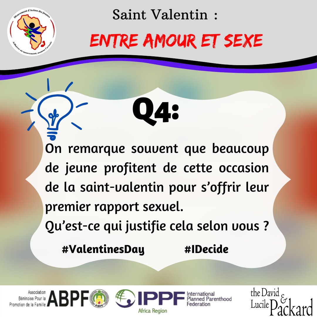 MAJBenin's tweet photo. #ValentinesDay Q4: On remarque souvent que beaucoup de jeunes profitent de cette occasion de la Saint-Valentin pour s'offrir leur premier rapport sexuel.

Qu'est ce qui justifie cela, selon-vous? https://t.co/v1E1xBCtDy