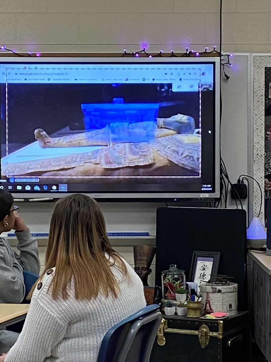 AndreaATimR6's tweet photo. My class just talked with specialist at the Anniston Museum of Natural History on Google Meet. They gave us an insider look at the Egypt exhibit. Students got to see two mummies, canopied jars and ask great questions.
#makinghistoryin401 @ccboe_news @WPMiddle @ExploreAMAG https://t.co/Gwi4LLrP63