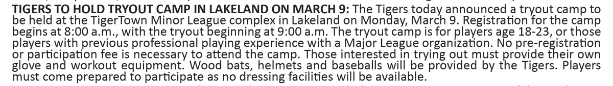 DetroitTigersPR's tweet photo. Information regarding the annual #Tigers open tryouts, which are scheduled to be held on March 9 in Lakeland, FL. https://t.co/WAtCvSD6cU