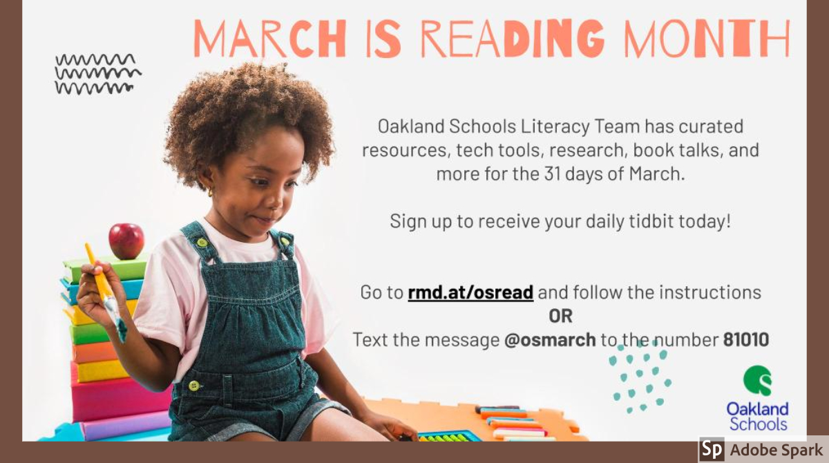 OaklandELA's tweet photo. March is almost here! @OaklandSchools: use your snow day to join our Remind so you don't miss a thing. https://t.co/NF5tU8alx9 #osliteracy https://t.co/L5Njonz2PB