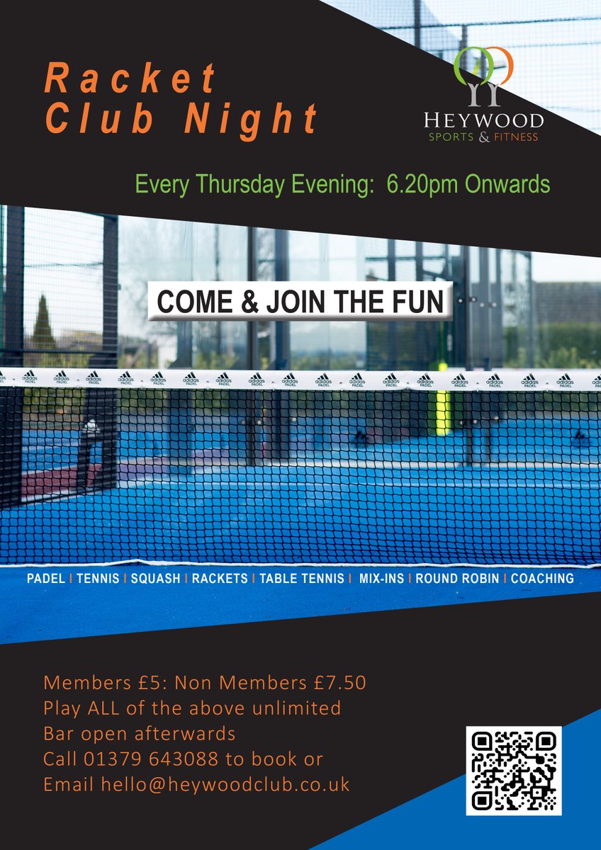 Rackets Night again this Thursday Eve from 6.20pm come and meet us all