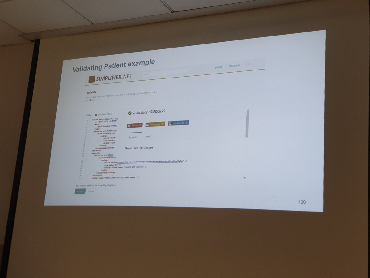 Johntq2's tweet photo. Kevin Sprague @NHSDigital shows how easy #FHIR validation is for the #UKCore using @FirelyTeam #Simplifier at the #Leeds #FHIRAwarenessDay. Ofcourse there are other #FHIRChecking tools but IMO this is #simpler.🙂 Next time in #London or #Birmingham we'll show it handles errors. https://t.co/V2RrYXmCIj