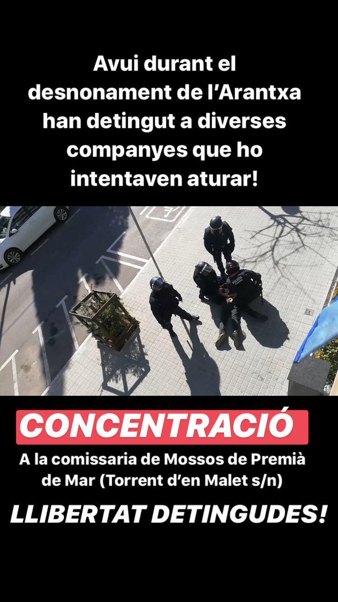 🔴Avui durant el desnonament de l’Arantxa han detingut a diverses companyes que ho intentaven aturar!

➡️ CONCENTRACIÓ! A la comissaria de Mossos de Premià de Mar (Torrent d’en Malet s/n)

LLIBERTAT DETINGUDES!

💚 Xarxa d’Habitatge del Baix Maresme💚