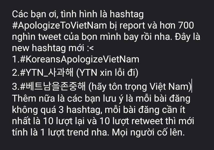 BoHn77610789's tweet photo. • NEW HASHTAG:  
1.#KoreansApologizetoVietnam
2.#YTN_사과해 (YTN xin lỗi đi)
3.#베트남을존중해 (hãy tôn trọng Việt Nam)
Do you understand? https://t.co/WUVqXFGTua