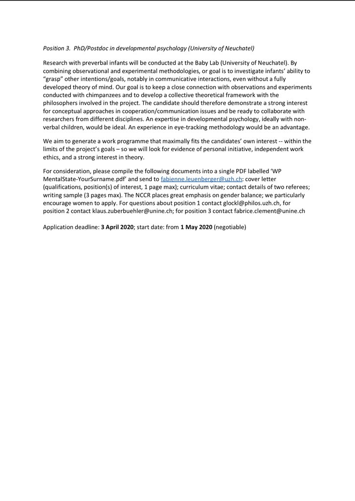 cog_comp_Neuch's tweet photo. More PhD and PostDoc positions on language evolution and mental state attribution! PhD in Philosophy of mind and language (@UZH_ch), PhD/Postdoc in primate Cognition, and PhD/Postdoc in developmental psychology (both @UniNeuchatel). Deadline: 3rd of April. #NCCR_EvolvingLanguage https://t.co/HbM7wwHdPE
