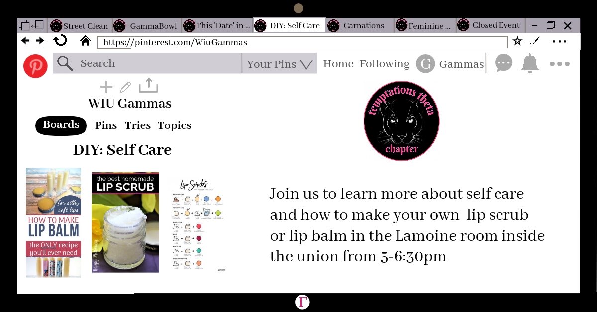 WiuGammas's tweet image. TODAY!!!! Learn more about self care and how to do your own Lip scrub and Lip balm! You don’t want to miss out!! #SelfCare #WIU #GammaWeek #ΣΛΓ