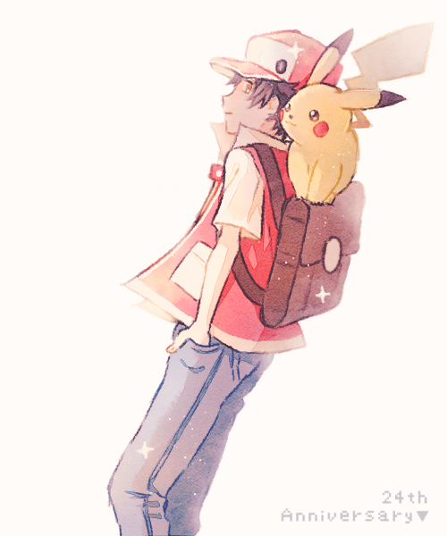ピカチュウ ,レッド(ポケモン) 「これからもずっと大好きです。おめでとうございます?
#PokemonDay 
#」|緑乃🍀コミティアH25aのイラスト